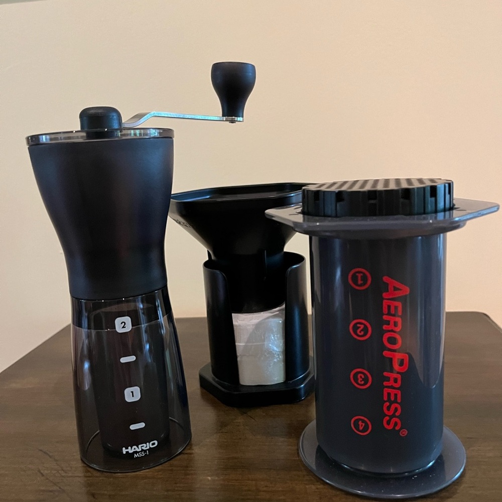 AeroPress Travel Coffee Press Kit and Hario Coffee Grinder